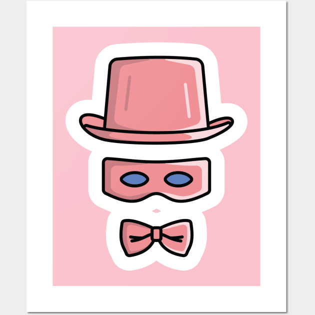 Magician Black Top Hat, Masquerade Mask and Bow Tie Sticker design vector illustration. Holiday nature objects icon concept. Magician symbol set sticker vector design with shadow. Wall Art by AlviStudio